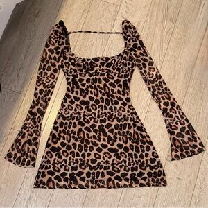 SHEIN Leopard Print Long Sleeve Square Neck Mini Dress - Brown/Black